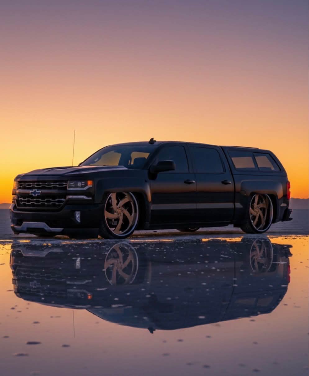 Black Double Down truck at sunset